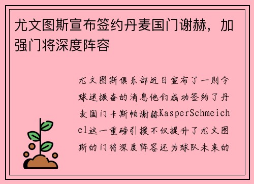 尤文图斯宣布签约丹麦国门谢赫，加强门将深度阵容